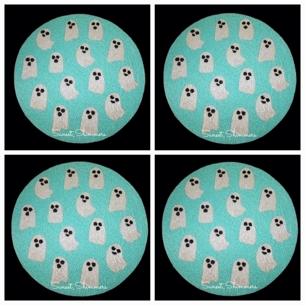 X4 Nicole Miller Halloween Beaded Turquoise Sparkly Ghost Placemat Chargers 15"